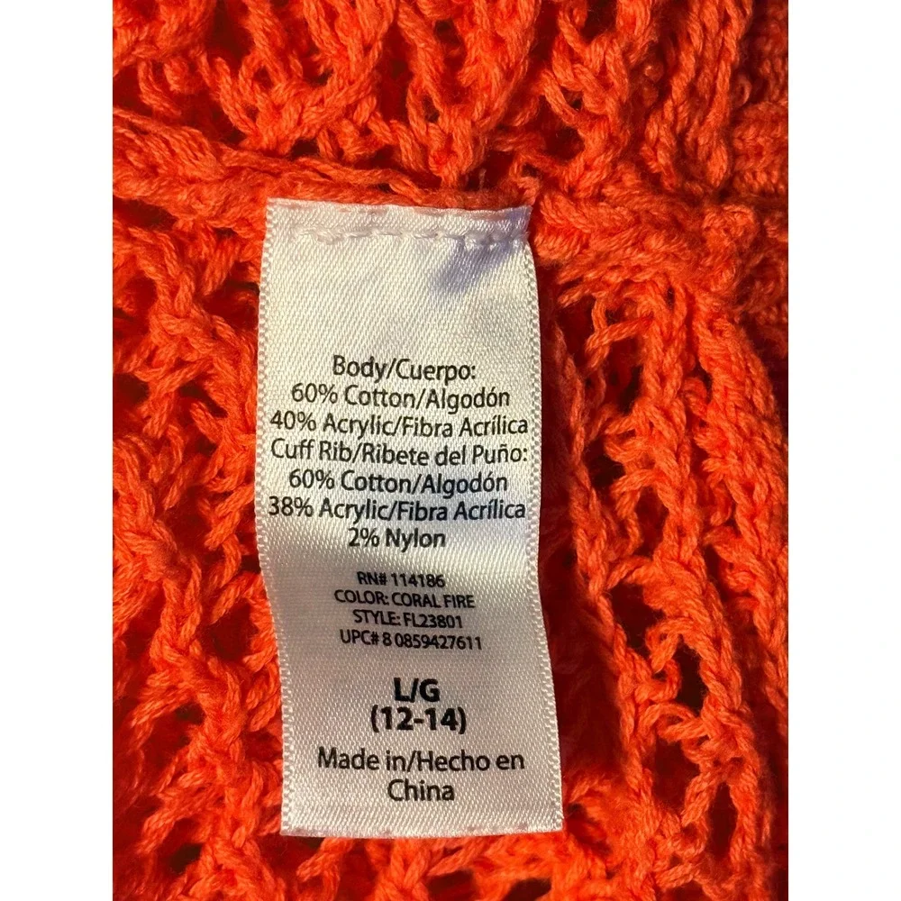 Faded Glory Crochet Cardigan Womens L‎ Coral Open Knit Mesh Shrug Beach Preppy
